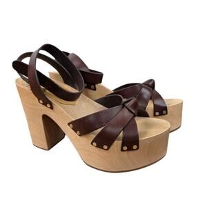 LOEFFLER RANDALL Tan Leather Abbie Knot Clog Wood Platform Size 9 Sandals